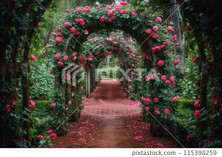 Rose Covered Archway Leading Through A Lush Forest Path 115398259