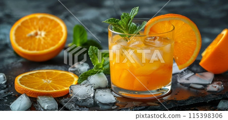 Refreshing Orange Cocktail With Mint Garnish and Ice Cubes on Black Surface 115398306