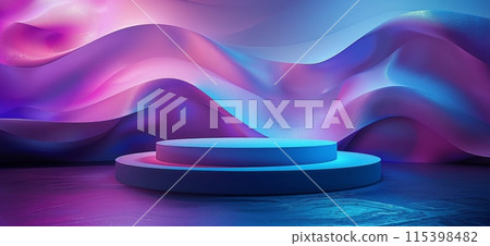 Abstract Blue And Pink Glowing Waves Background With Circular Platform Abstract Blue And Pink Glowing Waves Background With Circular Platform 115398482