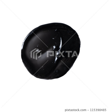Black charcoal face mask swatch isolated on white background. Abstract black charcoal gel smear for design. 115398485