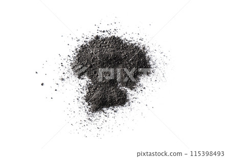 Activated charcoal powder isolated on white background. Pile of black cosmetic clay for design. Activated charcoal powder isolated on white background. Pile of black cosmetic clay for design. 115398493