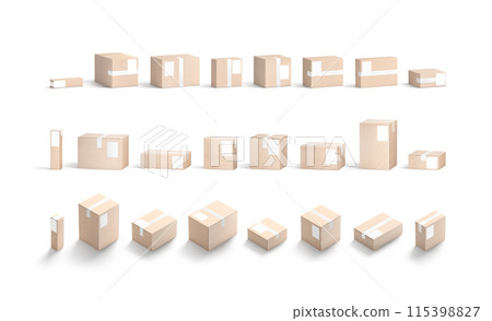 Blank white shipping label on craft box mockup, different shapes 115398827