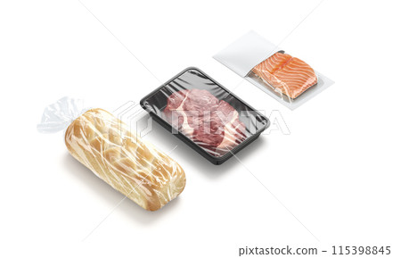 Blank transparent pack with bread, beef and salmon mockup, isolated 115398845