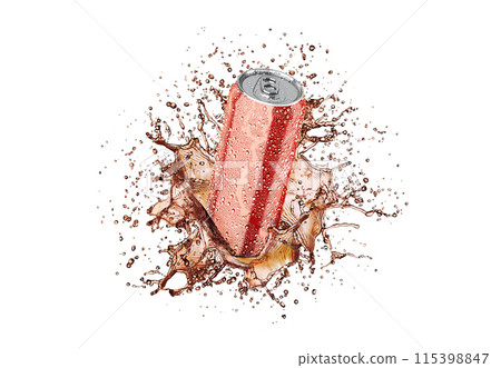 Blank red aluminum 500 ml soda can with drops splash mockup Blank red aluminum 500 ml soda can with drops splash mockup 115398847
