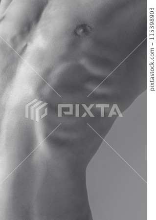 Monochrome image of male muscular body. Abstract Anatomy. Human natural muscular torso in landscape of shadows and light. Monochrome image of male muscular body. Abstract Anatomy. Human natural muscular torso in landscape of shadows and light. 115398903