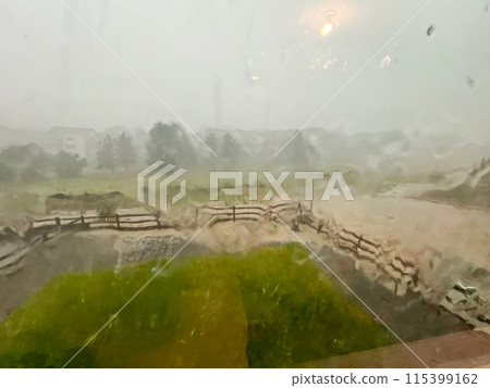 A view through a rain-streaked window capturing a heavy downpour with hail and flash flooding in a suburban backyard. The scene shows blurred fences, trees, and lawn due to the intense rain and hail. 115399162