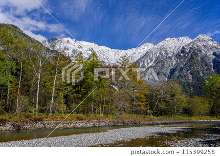 《Autumn in Kamikochi》 Autumn leaves and snowy mountains, the first snowfall in the Northern Alps 115399258