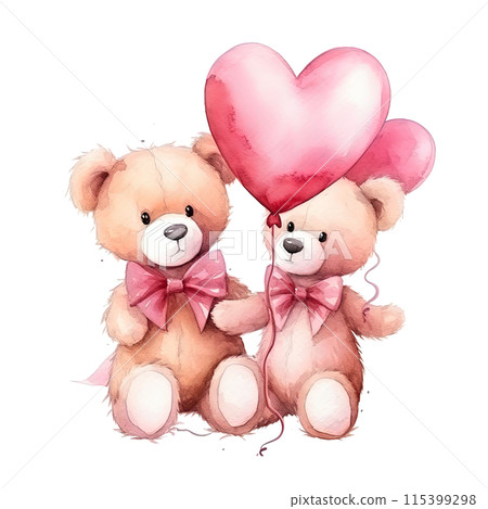 Two Teddy Bears Holding Heart Balloon 115399298