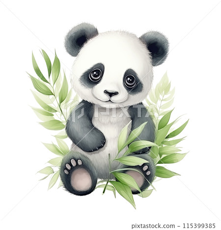 Panda Bear Sitting on Lush Green Plant 115399385