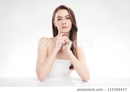 Beautiful young woman with clean fresh skin on white background, Face care, Facial treatment, Cosmetology, beauty and spa, women portrait. 115399457