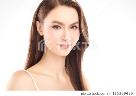 Beautiful young woman with clean fresh skin on white background, Face care, Facial treatment, Cosmetology, beauty and spa, women portrait. 115399459