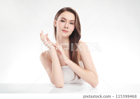 Beautiful young woman with clean fresh skin on white background, Face care, Facial treatment, Cosmetology, beauty and spa, women portrait. 115399468