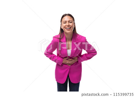a young well-groomed slender woman with black straight hair is dressed in a crimson jacket buttoned a young well-groomed slender woman with black straight hair is dressed in a crimson jacket buttoned 115399735