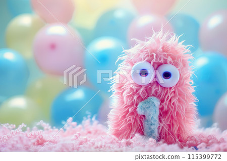 Pink, fluffy monster with number one, blurred balloons on the background. Playful symbol 1. Invitation for first birthday celebration. Children, kids party. Greeting card design. Generative AI. 115399772