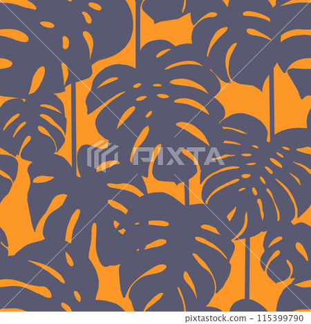 Exotic Seamless Pattern with Monstera Palm Leaves on Orange Background Exotic Seamless Pattern with Monstera Palm Leaves on Orange Background 115399790