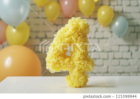 Vibrant, yellow and fluffy number four with blurred balloons on the background. Playful symbol 4. Invitation for fourth birthday celebration. Children, kids party. Greeting card design. Generative AI. 115399944