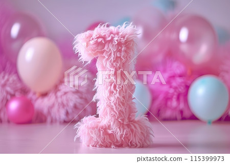 Pink, girlish and fluffy number one with blurred balloons on the background. Playful symbol 1. Invitation for first birthday celebration. Children, kids party. Greeting card design. Generative AI. 115399973