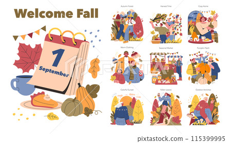 Welcome Fall set. Celebrating the cozy essence of autumn with scenes of harvest, warm clothing, seasonal markets, and outdoor activities. Vector illustration. Welcome Fall set. Celebrating the cozy essence of autumn with scenes of harvest, warm clothing, seasonal markets, and outdoor activities. Vector illustration. 115399995