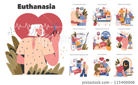 Euthanasia concept. A compassionate portrayal of end-of-life choices and care. Comfort, decision-making, and farewells in a calm setting. Vector illustration. 115400006