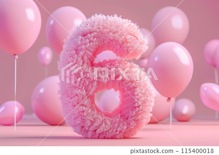 Pink, girlish and fluffy number six with blurred balloons on the background. Playful symbol 6. Invitation for sixth birthday celebration. Children, kids party. Greeting card design. Generative AI. 115400018