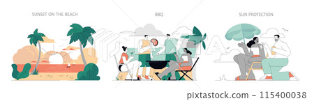 Summer Activities set. A trio of illustrations depicting leisure scenes: a beach sunset, a friendly BBQ, and sun protection. Relaxed vacation and social gathering moments. Vector illustration. Summer Activities set. A trio of illustrations depicting leisure scenes: a beach sunset, a friendly BBQ, and sun protection. Relaxed vacation and social gathering moments. Vector illustration. 115400038