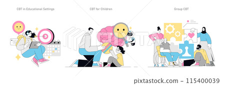 Cognitive Behavioral Therapy set. Exploration of CBT application in education, childhood, and group settings. Mental health support concepts. Vector illustration. 115400039