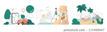 Summer Activities set. Road trip navigation, serene beach scene, and an adventurous couple rock climbing. Exploring, relaxation, and action in nature. Vector illustration. Summer Activities set. Road trip navigation, serene beach scene, and an adventurous couple rock climbing. Exploring, relaxation, and action in nature. Vector illustration. 115400047