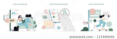 Digital Detox set. Individuals engaging in minimalism, managing notifications, and social media fasting. Conscious technology use for mental health. Vector illustration. 115400048