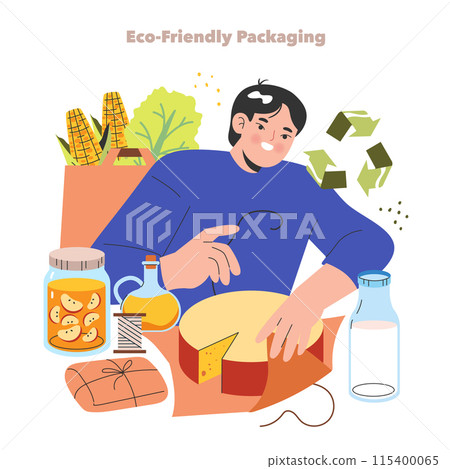 Eco-friendly Packaging concept. Illustration showing a person with sustainable food packaging options encouraging zero waste living. Vector illustration. 115400065