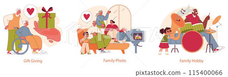 Grandparents Day set. Celebrations of affection and familial bonds. Gift exchange, shared memories, and music enjoyment. Vector illustration. 115400066