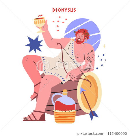 Ancient Greek Gods concept. Dionysus, the deity of wine and festivity, enthrones with chalice and thyrsus. Elements of mythology and celebration atmosphere. Vector illustration. 115400090
