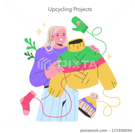 Maker Culture concept A bright figure breathes new life into old garments, illustrating the magic of upcycling projects with a joyful color palette Vector illustration 115400094