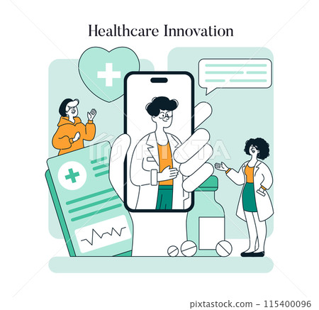 Healthcare Innovation concept. Digital medical consultation and modern treatment methods. Online healthcare services integration. Vector illustration. Healthcare Innovation concept. Digital medical consultation and modern treatment methods. Online healthcare services integration. Vector illustration. 115400096