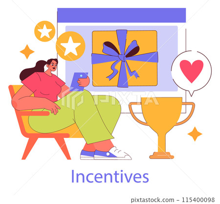 Millennial incentives concept. A young woman relaxes with a smartphone earning rewards, represented by gifts and a trophy. Positive feedback and motivation. Vector illustration. Millennial incentives concept. A young woman relaxes with a smartphone earning rewards, represented by gifts and a trophy. Positive feedback and motivation. Vector illustration. 115400098