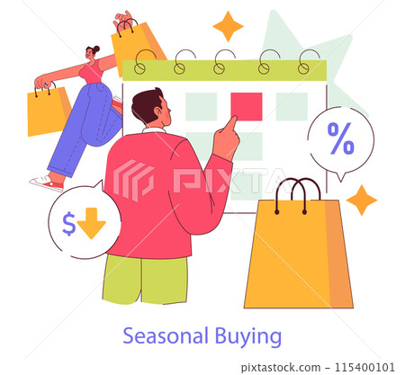 Brand Ritual concept. Consumers engaging in seasonal shopping sprees. Calendar marked with sale dates, shoppers carrying bags, discount symbols. Vector illustration. Brand Ritual concept. Consumers engaging in seasonal shopping sprees. Calendar marked with sale dates, shoppers carrying bags, discount symbols. Vector illustration. 115400101