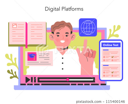 Digital Platforms concept An instructor points to educational icons on a computer screen, representing online testing and global e-learning opportunities Vector illustration 115400146