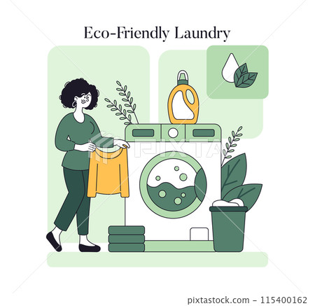 Eco-Friendly Laundry concept. Illustration portraying sustainable washing practices with natural detergents. Woman doing laundry mindfully. Vector illustration. Eco-Friendly Laundry concept. Illustration portraying sustainable washing practices with natural detergents. Woman doing laundry mindfully. Vector illustration. 115400162