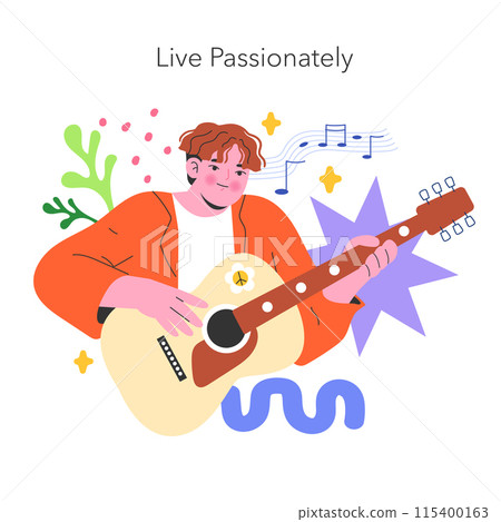 YOLO concept illustration. A joyful person plays the guitar, embracing a zest for life, surrounded by music notes and abstract shapes. Vector illustration. 115400163
