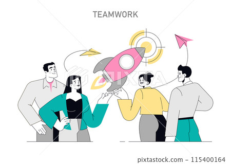 Teamwork concept. Colleagues collaborate on a project symbolized by a rocket, representing unity and goal achievement. Vector illustration. 115400164