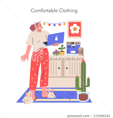 Comfortable Clothing illustration A content creator enjoys the cozy and creative freedom of a home office, dressed in casual attire for productivity and style Vector illustration 115400181