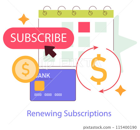 Subscription renewal concept. Calendar with highlighted dates, credit card, and cycle of money outflow. Manage periodic payments effectively. Vector illustration. Subscription renewal concept. Calendar with highlighted dates, credit card, and cycle of money outflow. Manage periodic payments effectively. Vector illustration. 115400190