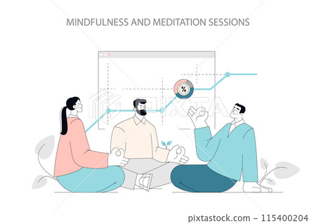 Mental Health Awareness concept. Colleagues partake in a corporate mindfulness session, enhancing wellbeing. Meditation boosts productivity at work. Vector illustration. Mental Health Awareness concept. Colleagues partake in a corporate mindfulness session, enhancing wellbeing. Meditation boosts productivity at work. Vector illustration. 115400204