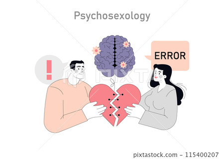 Psychosexology concept. Illustration of a couple with a broken heart and brain symbolizing psychological relationship issues. Vector illustration. 115400207