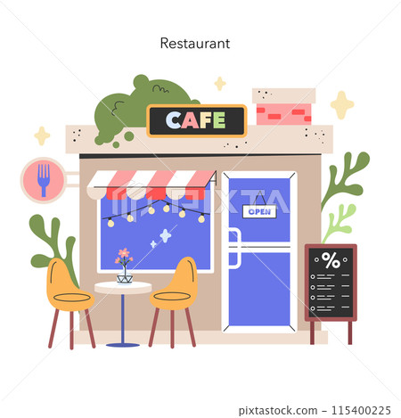 Charming Cafe scene A welcoming restaurant facade with a quaint seating area invites customers to savor moments under the gentle glow of fairy lights Vector illustration Charming Cafe scene A welcoming restaurant facade with a quaint seating area invites customers to savor moments under the gentle glow of fairy lights Vector illustration 115400225