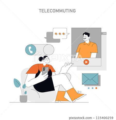 Telecommuting concept Harnessing technology for remote work engagement Cultivating connectivity and flexibility outside the office Vector illustration Telecommuting concept Harnessing technology for remote work engagement Cultivating connectivity and flexibility outside the office Vector illustration 115400259