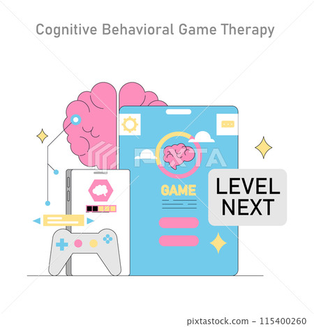 Gamification in psychotherapy illustration. Engaging mental health treatment through interactive gaming elements and cognitive techniques. Vector illustration. 115400260