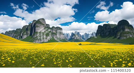 Field of yellow flowers with mountains, sky and clouds in the background. Field of yellow flowers with mountains, sky and clouds in the background. 115400320