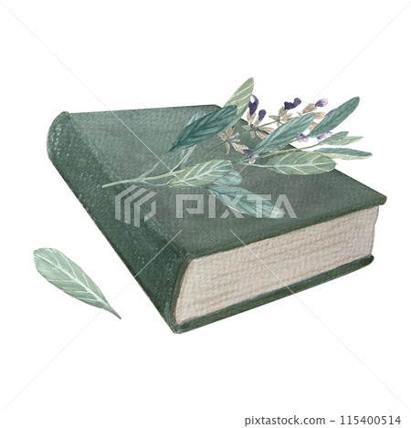 Green thick hardcover book with sage isolated on white. Hand painted in watercolor. High quality illustration in simple stile for vintage design, herbalism, library, learning, labels, logo for schools 115400514