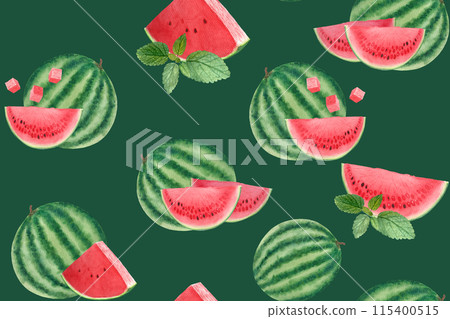 Watermelon whole, juicy slice with a few seeds, mint. Watercolor seamless pattern on green background, hand drawn for food design. Packages, textile, wrapping paper, kitchen decor, ice cream label 115400515