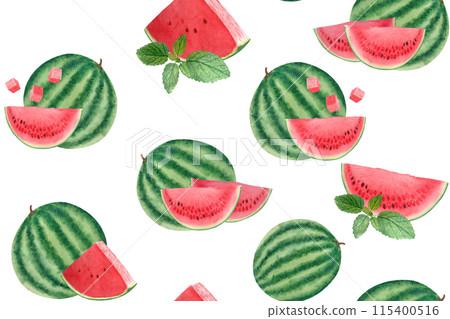 Watermelon whole, juicy slice with a few seeds, mint. Watercolor seamless pattern isolated on white background, hand drawn for food design. Packages, textile, wrapping paper, ice cream label, logo 115400516